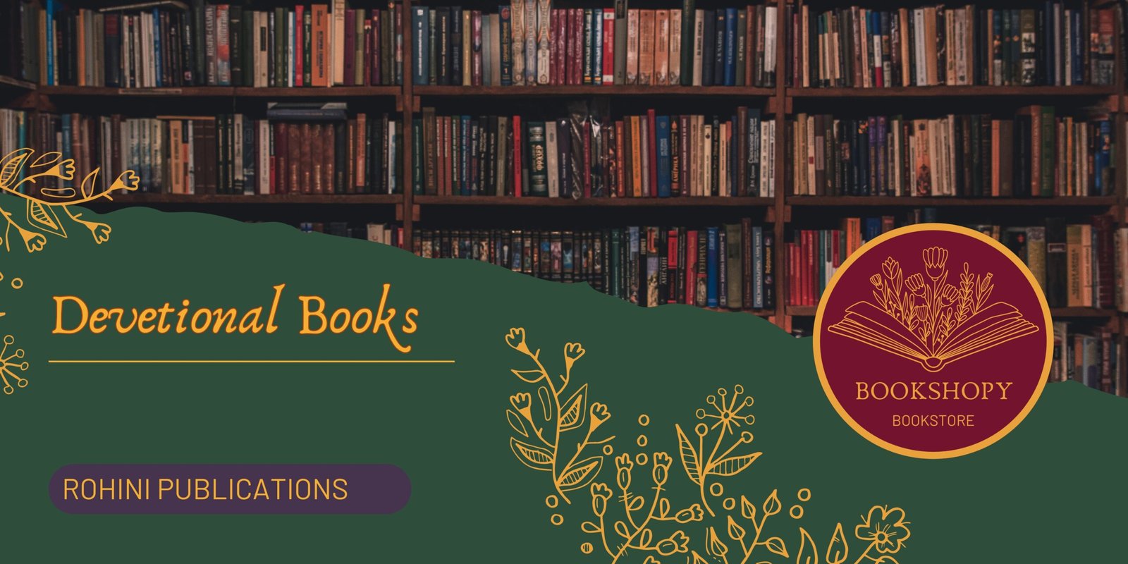 Bookstore Banner in Dark Green Yellow Floral Style